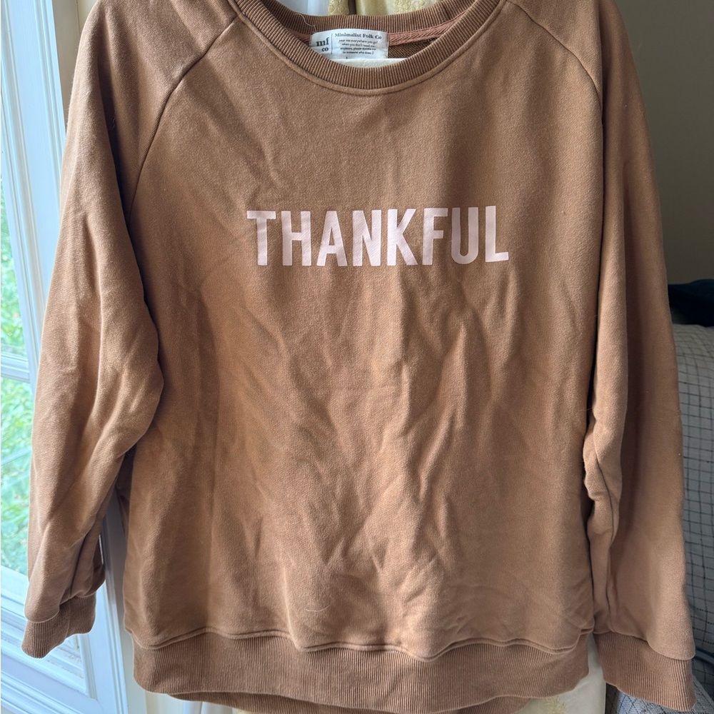 Minimalist Folk size Large Brown 'Thankful' Sweatshirt